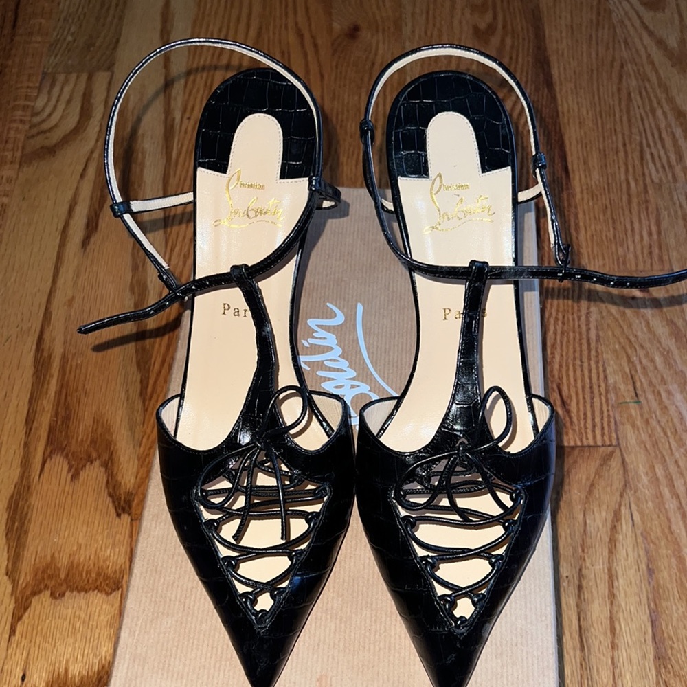 Christian Louboutin Black Croc Embossed Leather Crococuty Ankle-Strap Pumps